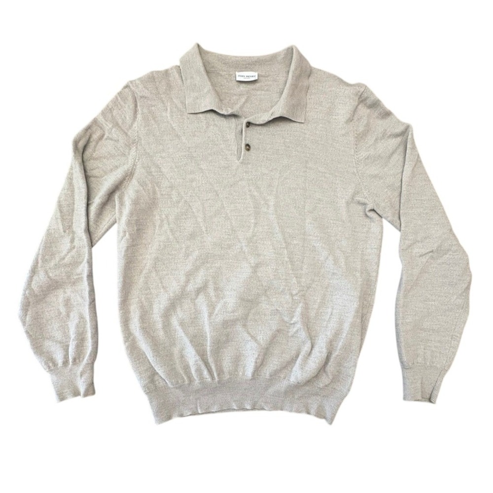 John Henric Merino Wool Polo Sweater Mens Medium Oatmeal Long Sleeve Knit Top